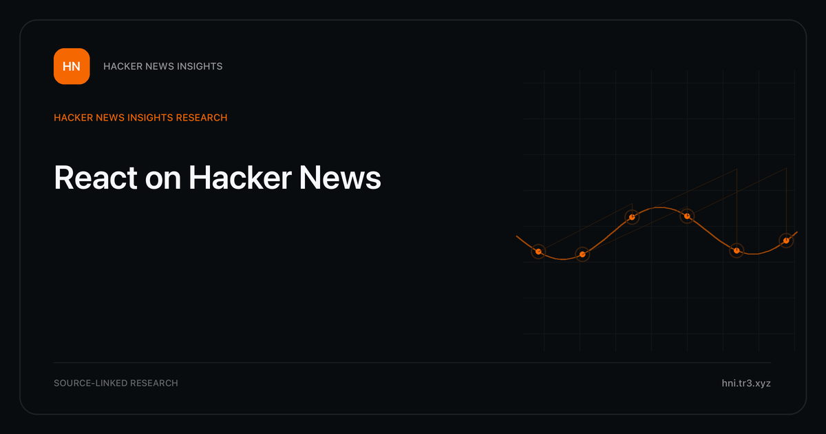 Visual guide to React on Hacker News: How React changed in Hacker News story titles from 2007 through 2026, with annual title share, peak year, sources, and coverage limits.