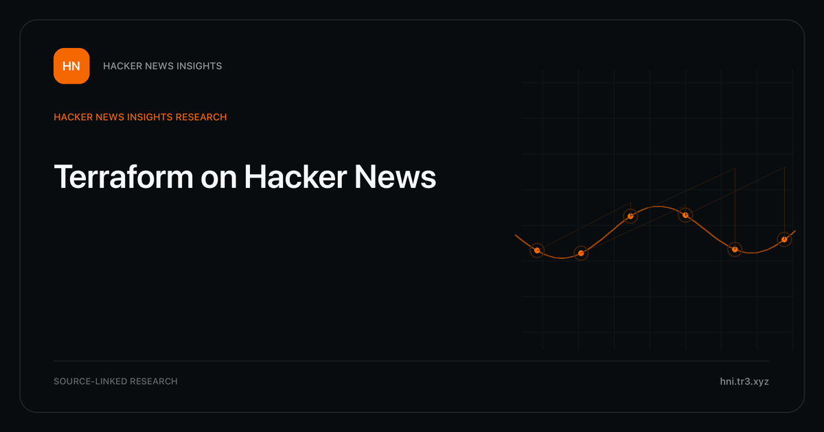 Visual guide to Terraform on Hacker News: How Terraform changed in Hacker News story titles from 2007 through 2026, with annual title share, peak year, sources, and coverage limits.